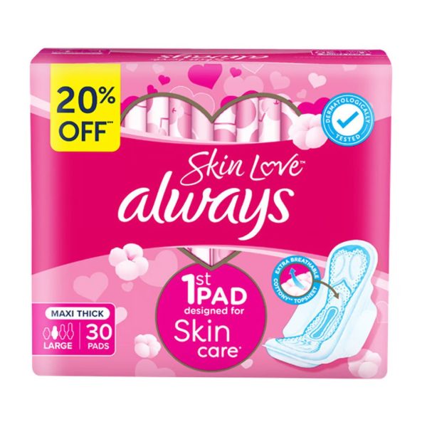 Always Skin Love Maxi Thick Large Pads Value Pack, 30pads